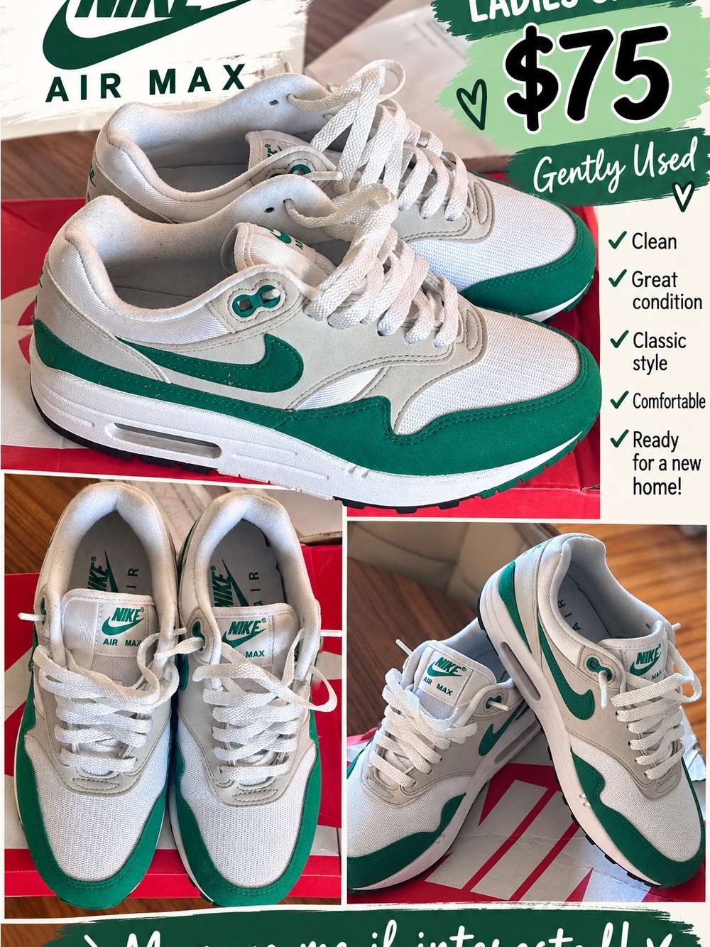 Nike women’s Air Max Low Top Sneakers in White and Green size 7